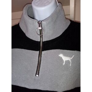 Victorias Secret Pink Black‎ Gray Striped Fleece Zipper Pull Over Medium
